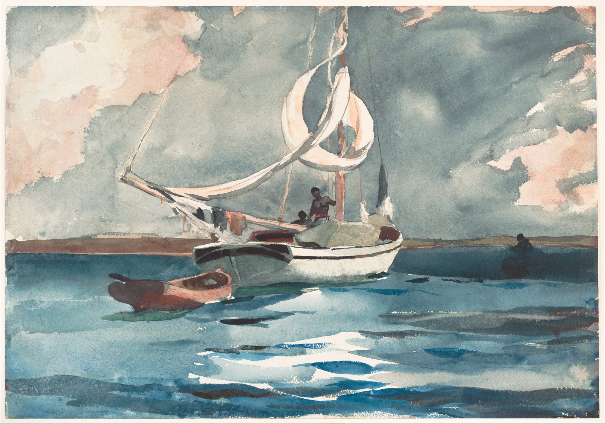 A sloop with loosened white sails rides at anchor on brilliant cerulean water, a small red dinghy tied alongside, under gray clouds breaking into pink light