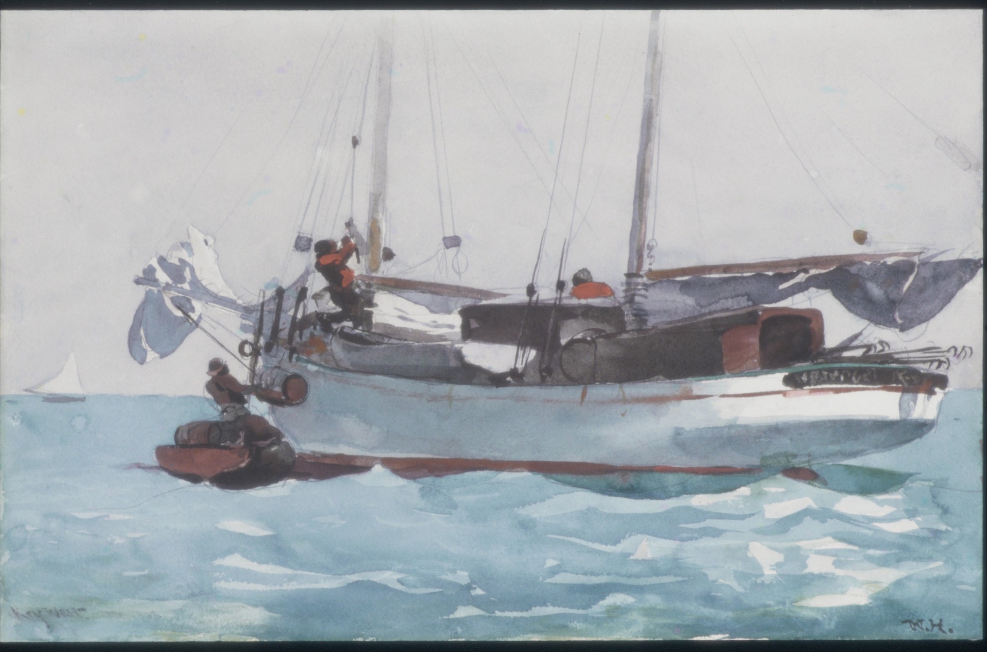 A schooner takes on barrels from a small red boat on pale sea-glass water, the sky a single milky wash, sails hanging slack in the heat