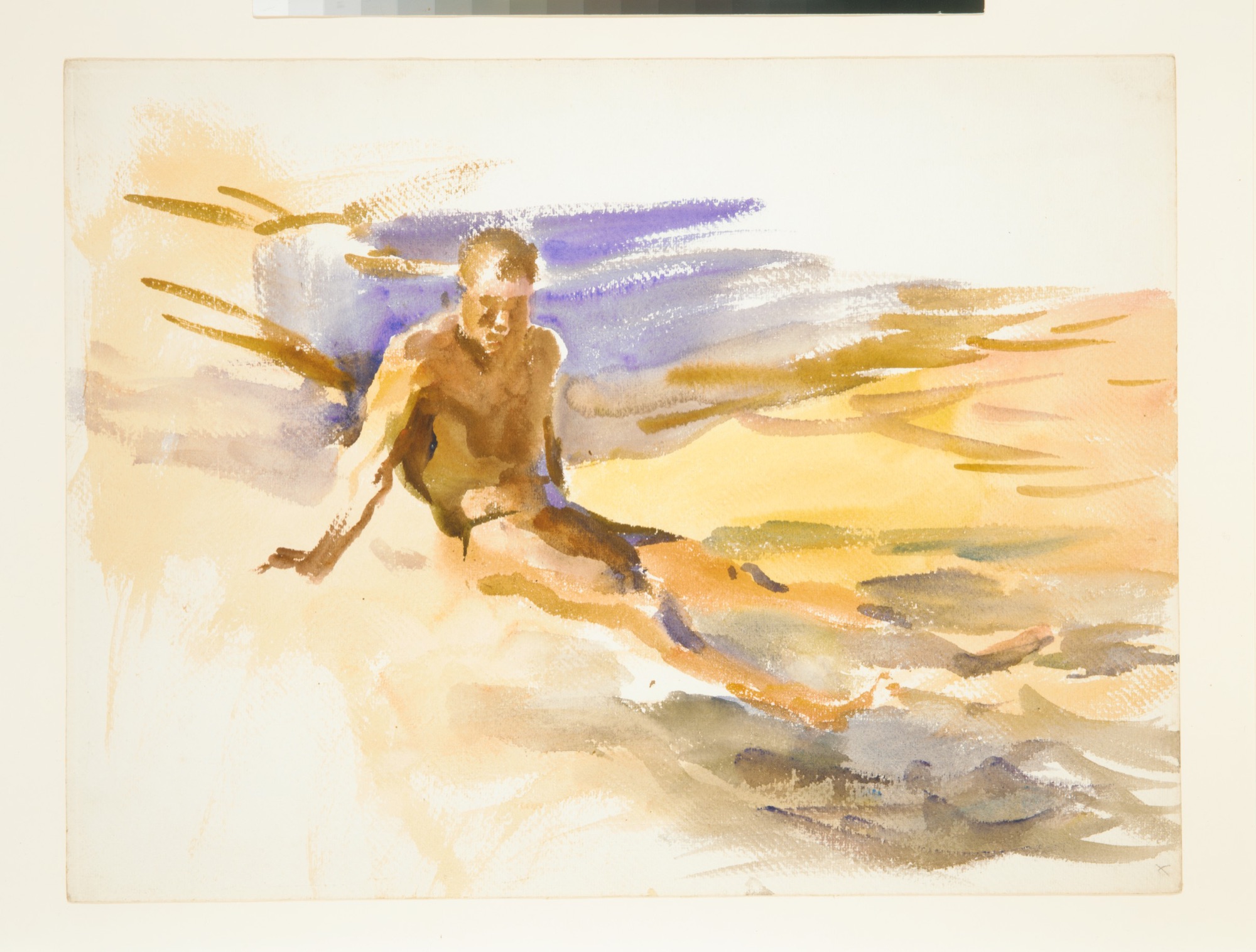 A bather rests at the water's edge in loose strokes of golden ochre, a slash of violet sea behind him, most of the paper left bare and glowing