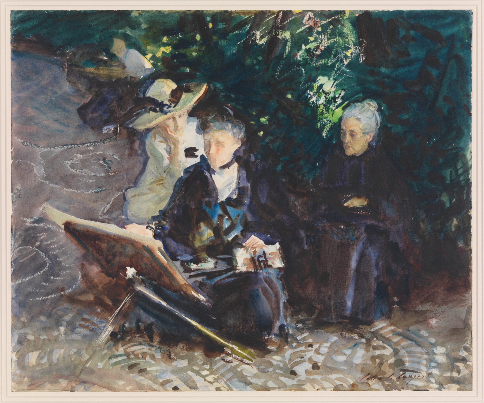 Three figures rest in deep bottle-green garden shade, one bent over a sketchbook on an easel, sunlight breaking through the foliage in small bright pieces