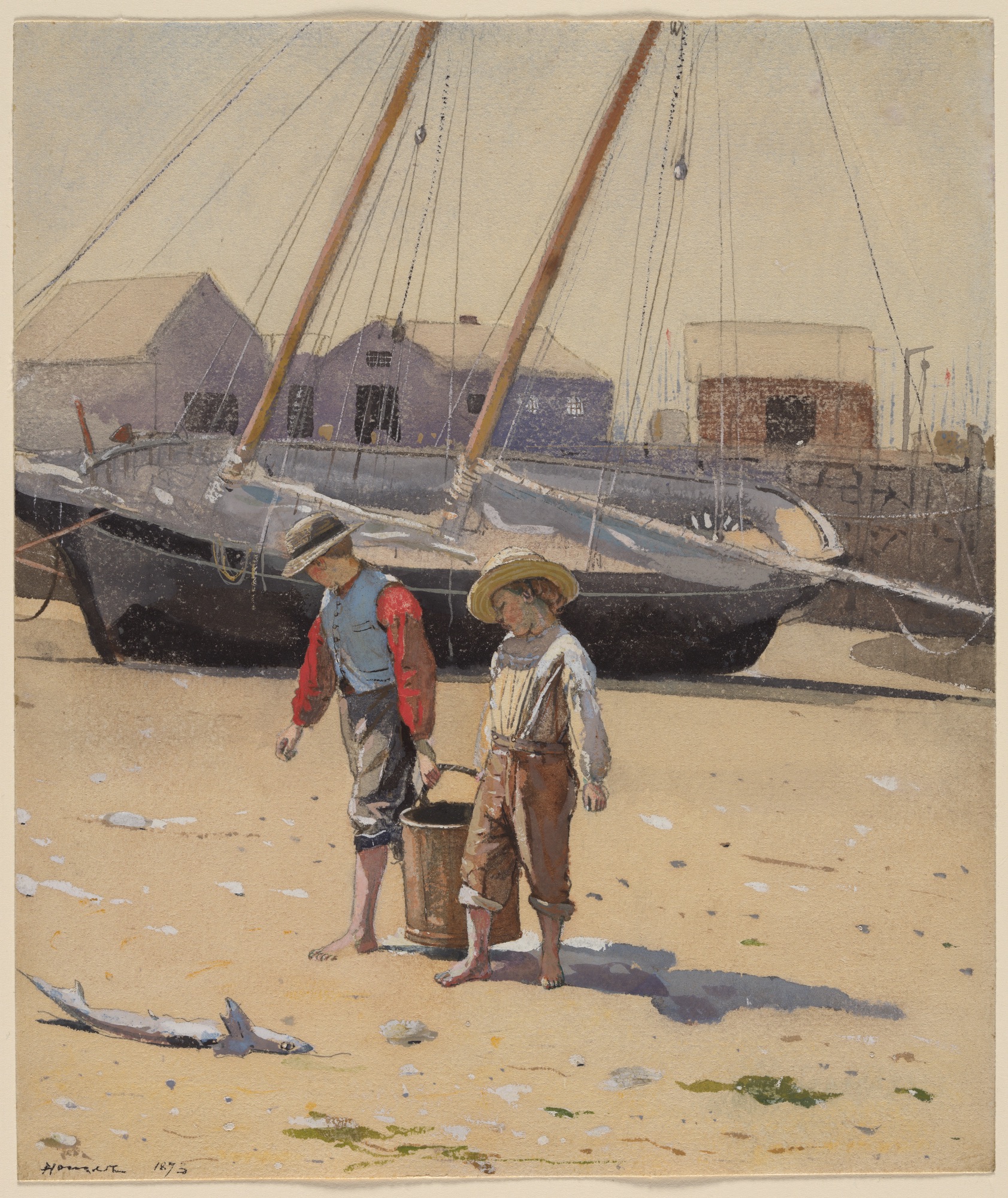 Two barefoot boys carry a wooden bucket between them across warm low-tide sand, a black-hulled schooner beached behind them and a small fish lying near their path